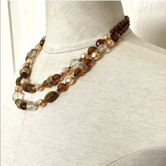 Brown beaded gold tone double strand statement necklace - Picture 2 of 11